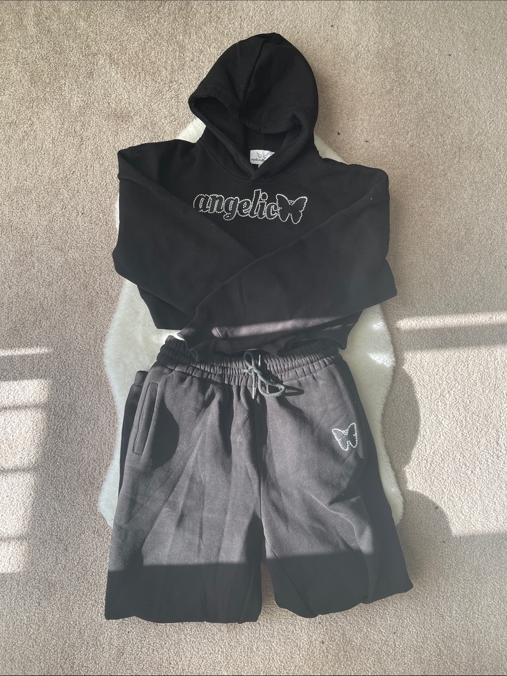 Angelica Black Cropped Hoodie & Drawstring Shorts Set